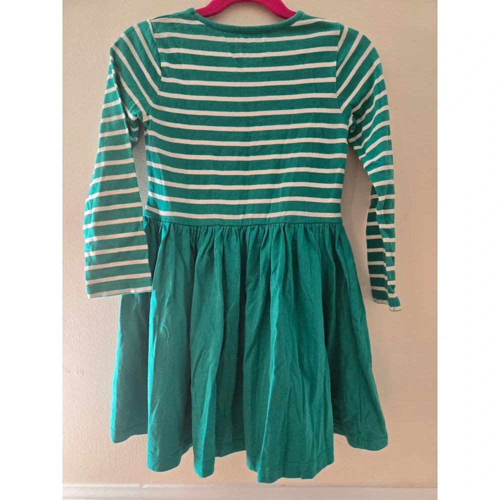 Mini Boden Girls Green Striped Dog Applique Long Sleeve Jersey Dress 4-5Y G4891